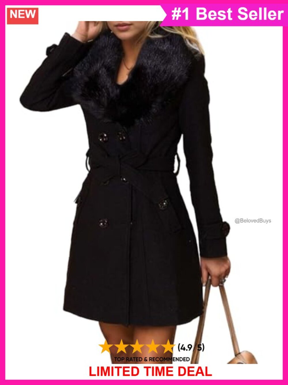 Wool Blend Faux Fur Collar Double Breasted Belted Trench Coat